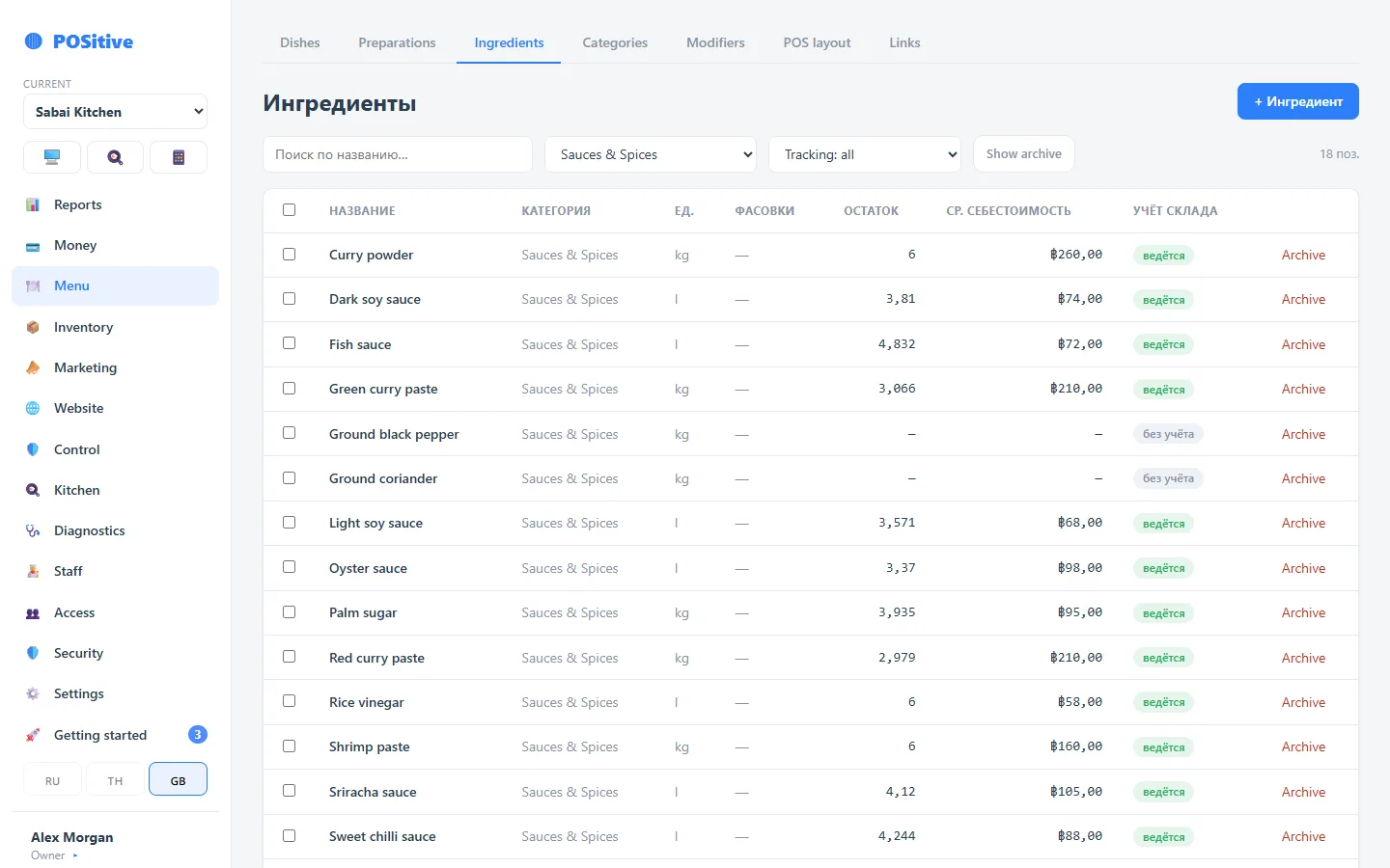 Back office: ingredients, tracking switched on one by one