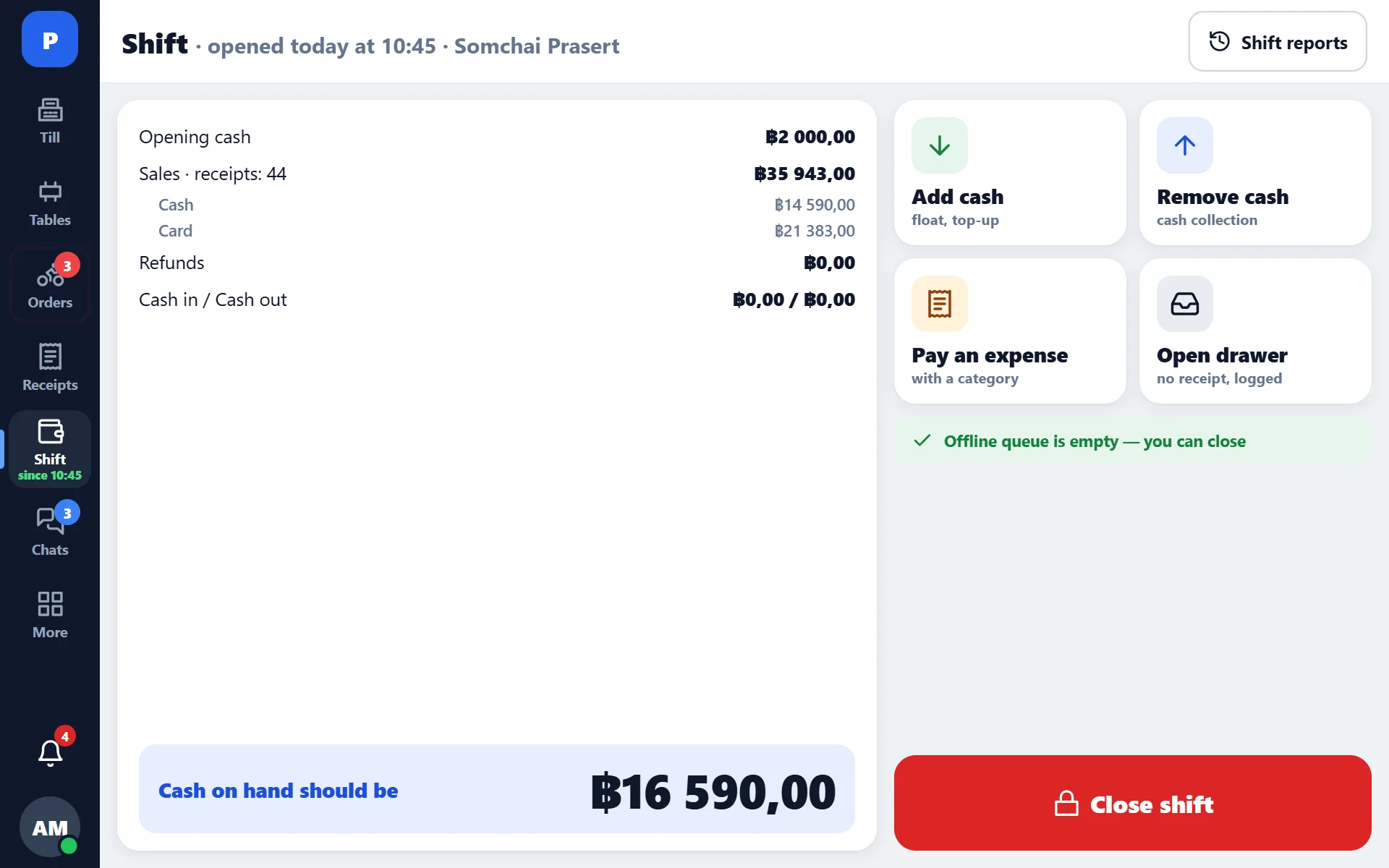 Register: shift and cash expected in the drawer