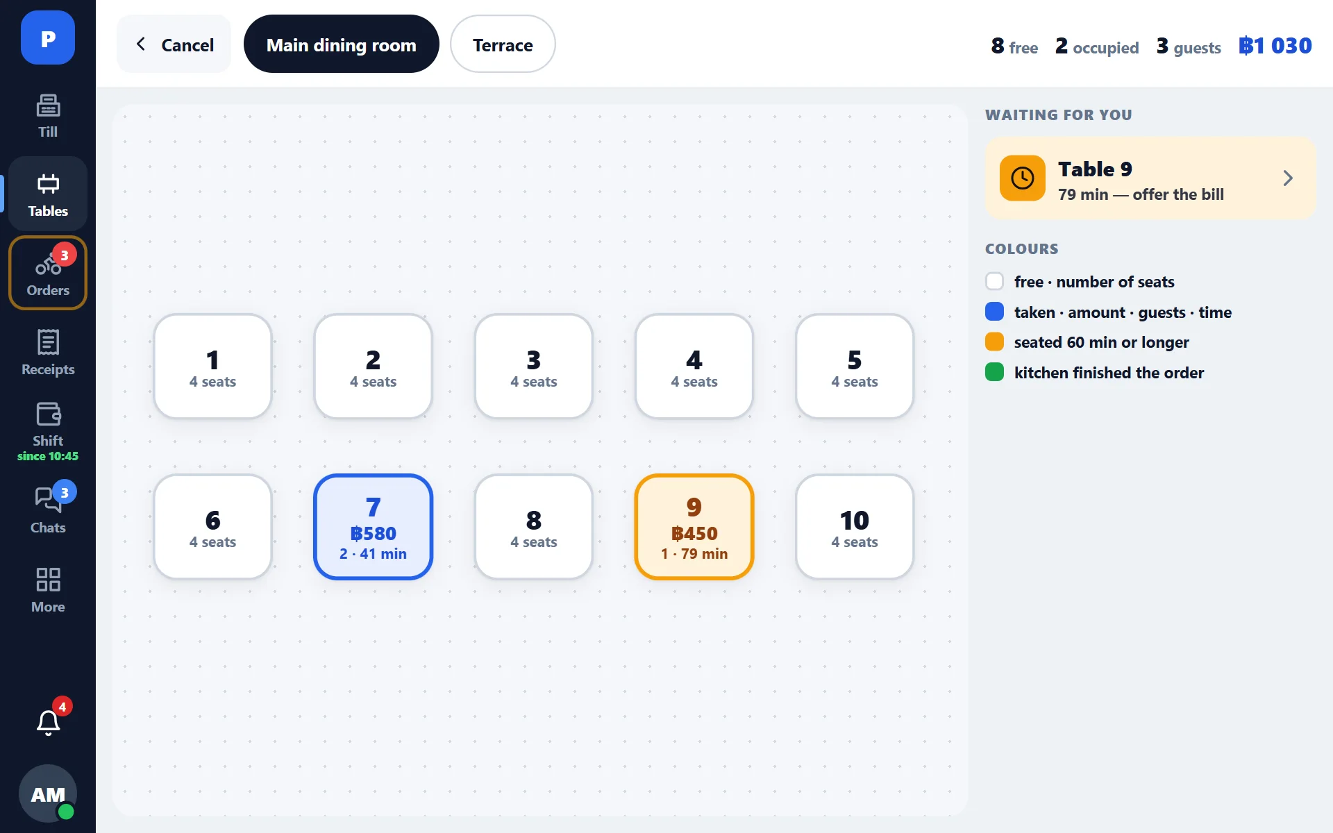 Register: floor plan — total and time at every table, the table past the hour highlighted