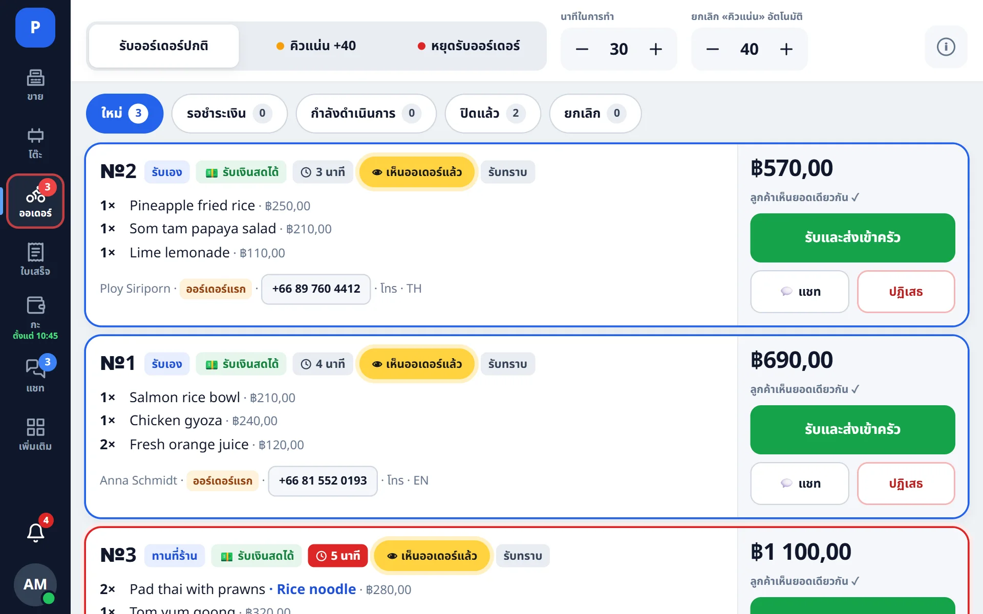 Register: website orders waiting to be accepted, the manager’s lamp is on