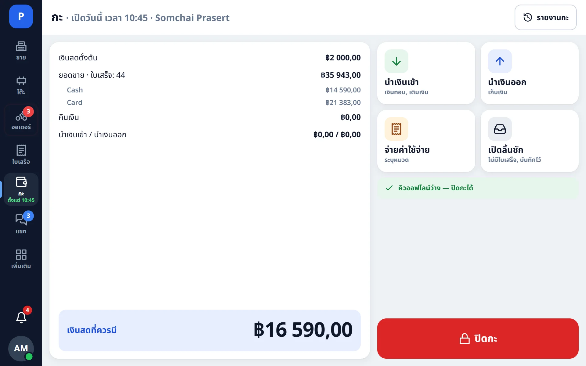 Register: shift and cash expected in the drawer